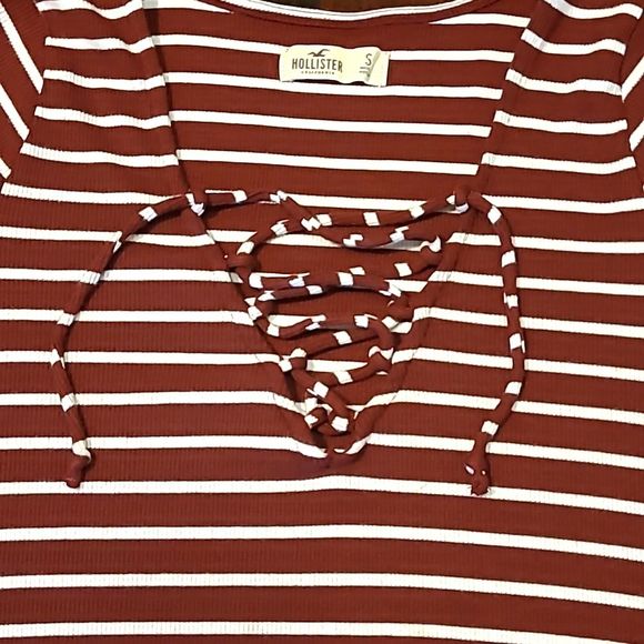 Hollister Lace Up Cut Out Blouse V-Neck Short Sleeve Oversized Striped Flowy Top - Picture 9 of 16